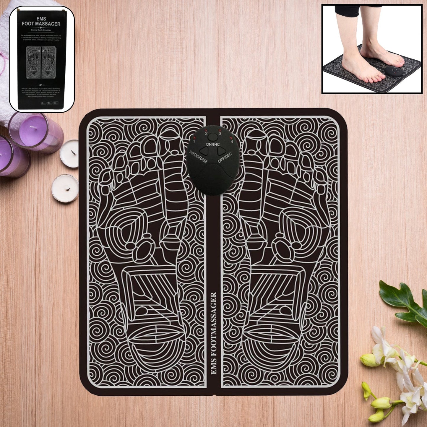 SEO Friendly Title: EMS Foot Massager Pad for Pain Relief & Circulation | Electric Muscle Stimulator with Heat Therapy for Feet, Legs & Calf Relaxation