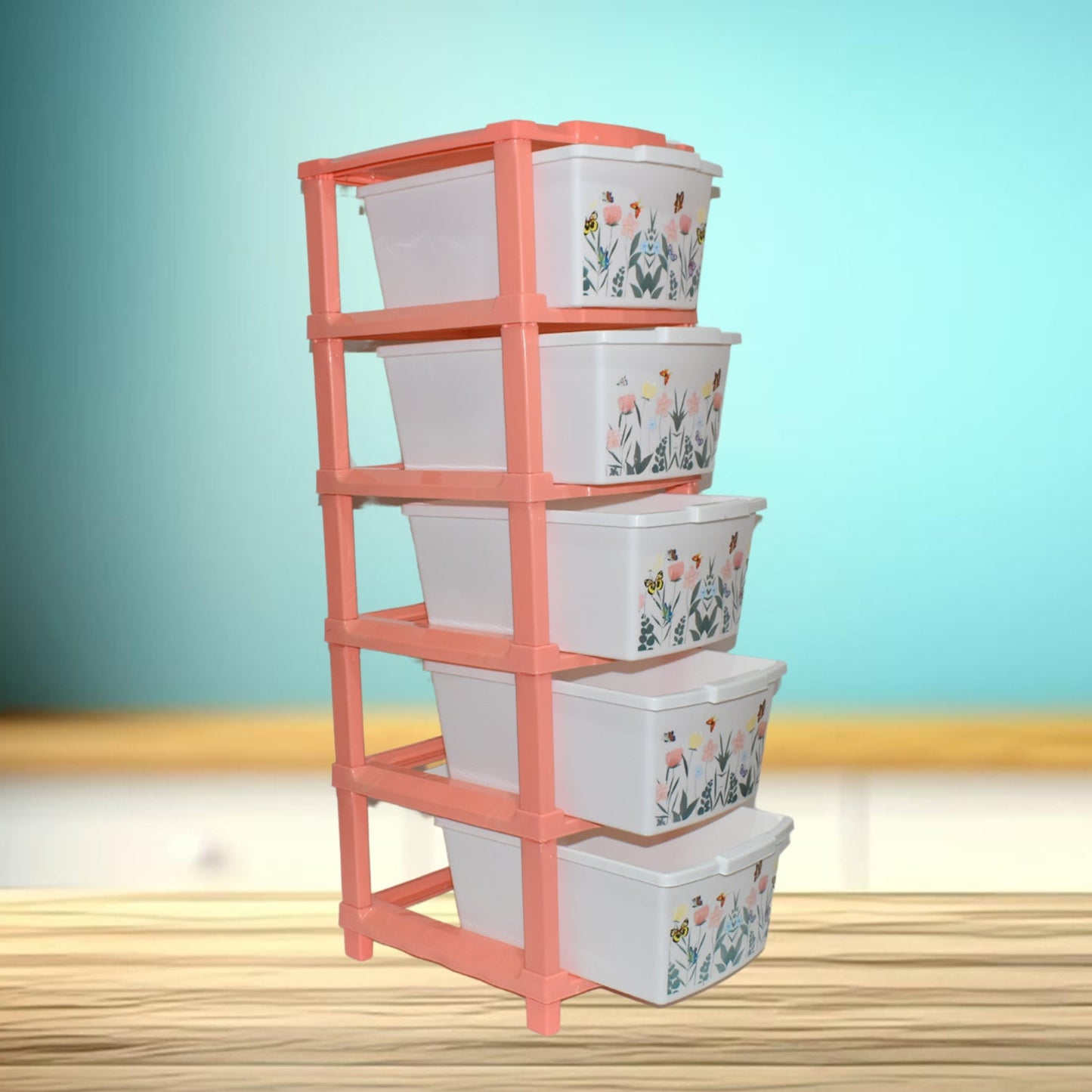 Plastic Modular Drawer Cabinet | 5 Layer Multipurpose Storage Organizer for Clothes, Toys, Kitchen & Home Essentials | Floral Design