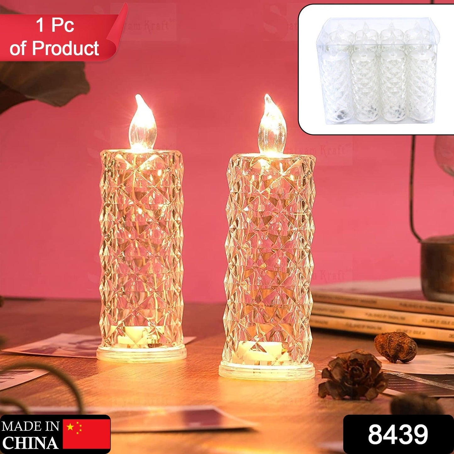 Rose Candles LED Flameless and Smokeless Decorative Acrylic Transparent Candles Led Tea Light Candle Perfect for Gifting, Home, Diwali, Christmas, Crystal Candle Lights, Diwali (1 Pc)