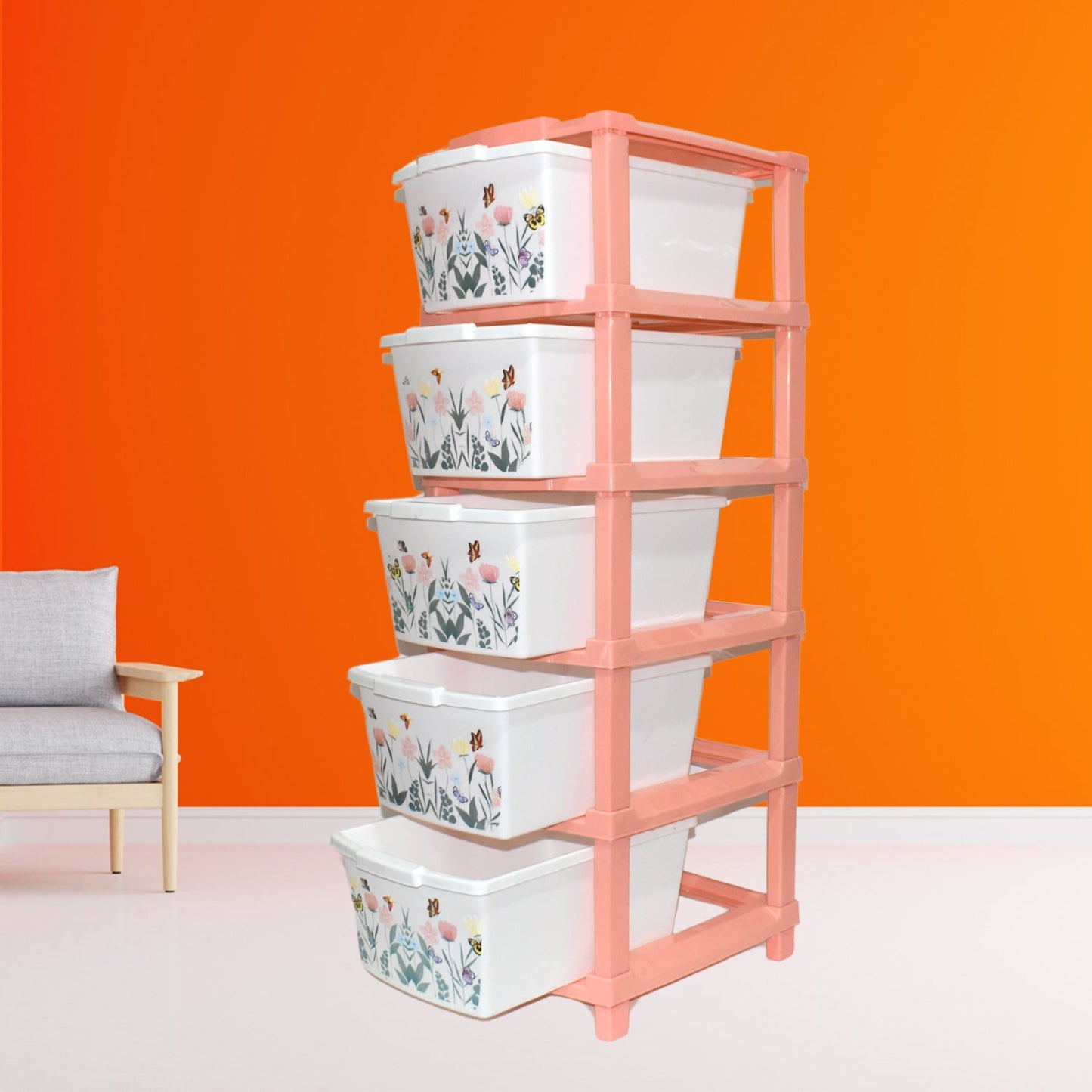 Plastic Modular Drawer Cabinet | 5 Layer Multipurpose Storage Organizer for Clothes, Toys, Kitchen & Home Essentials | Floral Design