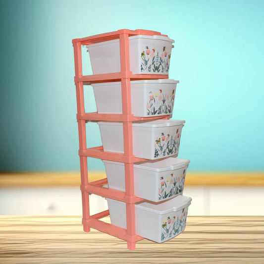 Plastic Modular Drawer Cabinet | 5 Layer Multipurpose Storage Organizer for Clothes, Toys, Kitchen & Home Essentials | Floral Design