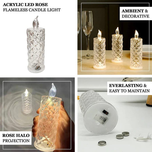 Rose Candles LED Flameless and Smokeless Decorative Acrylic Transparent Candles Led Tea Light Candle Perfect for Gifting, Home, Diwali, Christmas, Crystal Candle Lights, Diwali (1 Pc)