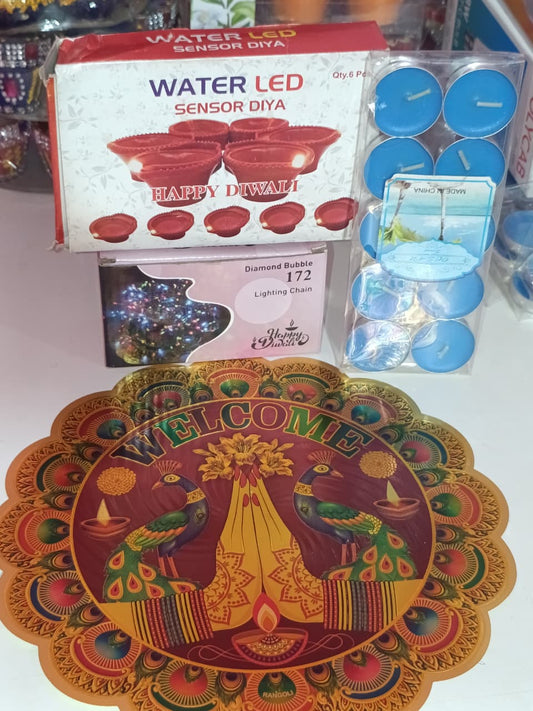 Diwali Decoration Combo Set – Water LED Sensor Diyas, Blue Tealight Candles, Peacock Welcome Rangoli & Diamond Bubble Lights